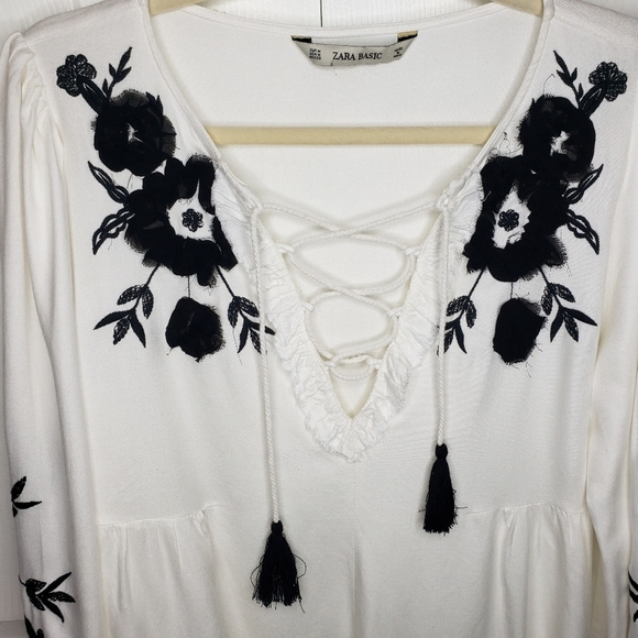 Zara Top M Contrast Embroidery Babydoll Boho Lace Front Bohemian Cottagecore - Picture 5 of 13